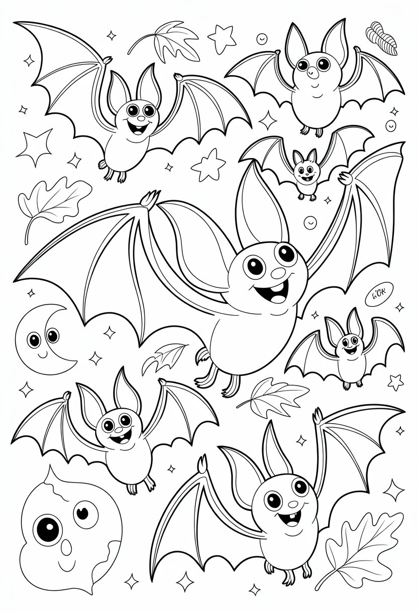Halloween Coloring Pages Cute Collection of 20 Fun and Easy Designs 28 A group of happy bats flying together with Halloween decorations like crescent moons, stars, and autumn leaves.